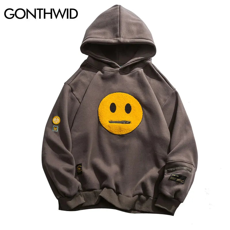 GONTHWID Hoodies Streetwear Hip Hop Zipper Pocket Smile Face Patchwork Hooded Sweatshirts Harajuku Hip Hop Casual Pullover Tops Street King Limited