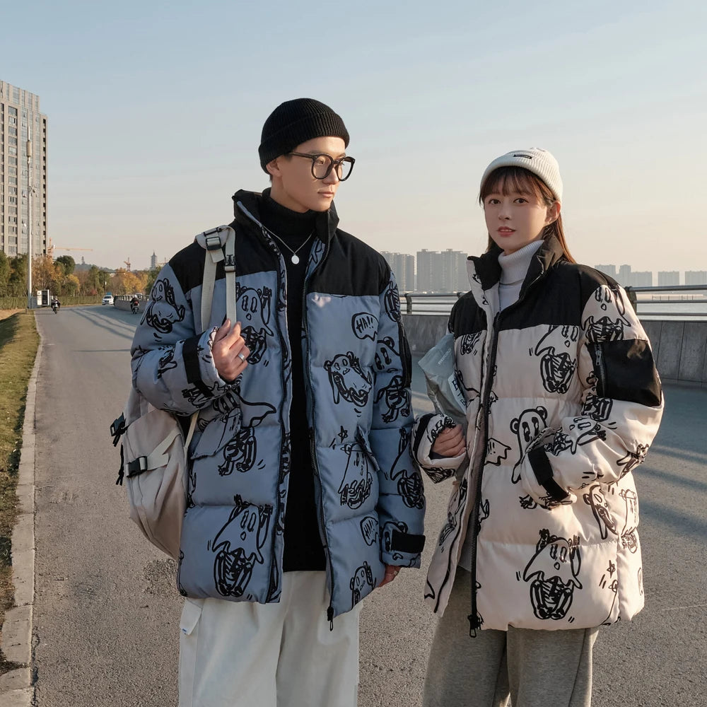 Cotton Padded Thick Parkas Jackets Streetwear Hip Hop Print Windproof Warm Zip Coats Fashion Harajuku Outwear Mens Clothing Street King Limited