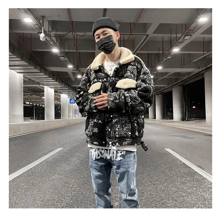 mens paisley fleece jackets coats fashion hairy single button loose bomber outerwears casual warm parkas thick streetwear jacket unique default style 5309