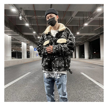 mens paisley fleece jackets coats fashion hairy single button loose bomber outerwears casual warm parkas thick streetwear jacket unique default style 5309