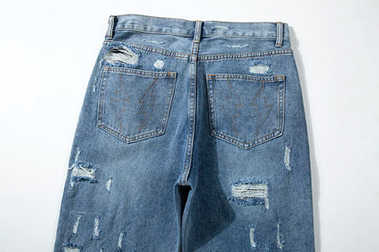 swag washed destroyed flare jeans streetwear hip hop slim fit ripped men black blue colorblocked flared denim pant for men unique jeans style 1503