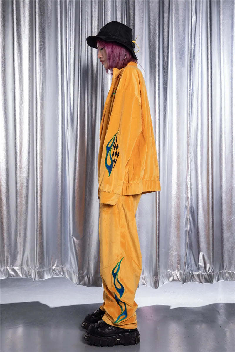 2 pieces set men embroidery velvet zipper jacket and elastic waist loose straight pants sweatsuit hip hop tracksuits sweatsuit unique default style 3302