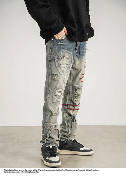 destroyed ripped straight jeans pants mens distressed biker jeans fashion irregular embroidery streetwear hip hop pants joggers unique joggers style 2945