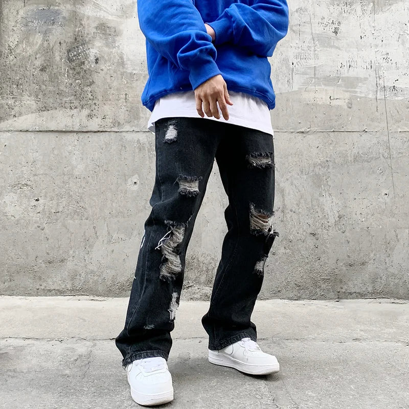 fashion back letters embroidery denim flare jeans mens zipper straight trouser hip hop destroy holes streetwear pants joggers streetwear sweatpants