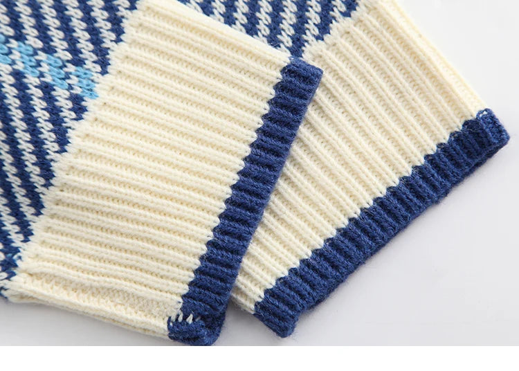 Men Hip Hop Knitted Sweater Streetwear Embroidery Heart Plaid Pullover 2023 Autumn Harajuku Cotton Casual Pullover Sweater Blue Street King Limited