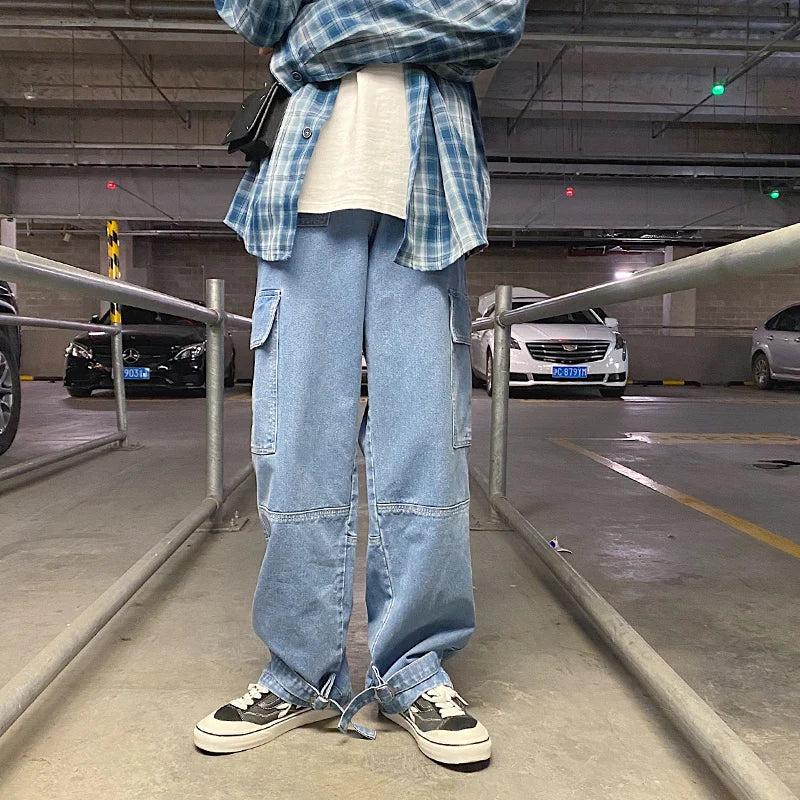 men jeans wide leg denim pants loose straight baggy mens jeans hip hop streetwear skateboard neutral denim trousers cargo jeans unique cargo style 2455