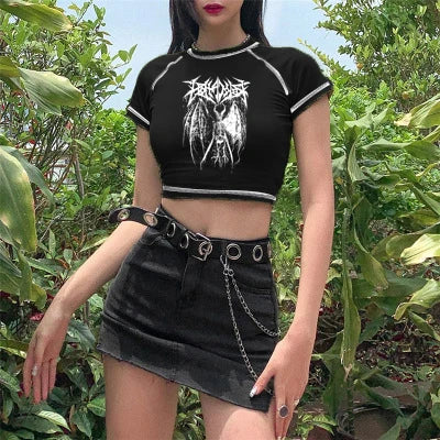 Women's T-shirt Harajuku Y2K crop Top Harajuku Retro Korean Black Demon Punk Gothic Anime Print Clothes Slim anime Street King Limited
