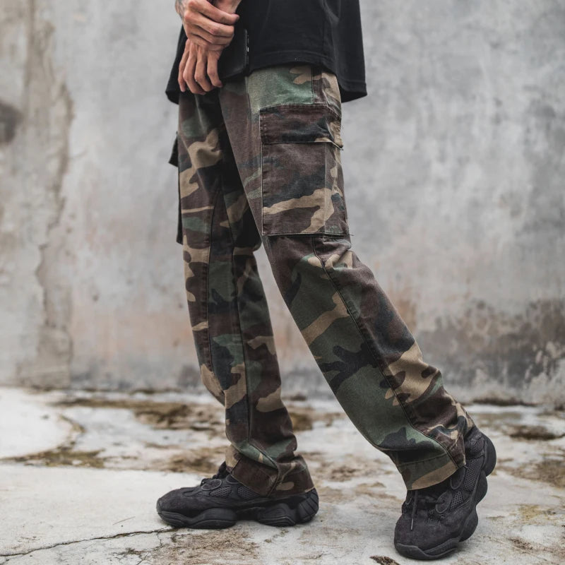 2023 camouflage micro flare pants fashionable streetwear camo cargo pants for male slim fit trousers women baggy casual clothes unique cargo style 2641