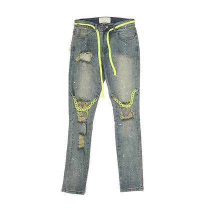 high street knee hole with chain ripped biker jeans mens slim fit denim pants autumn new streetwear casual hip hop pants joggers unique joggers style 3259