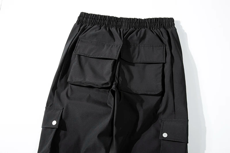 high street multi pocket casual trousers for men and women side breasted drawstring cargo pants harajuku solid loose pants unique cargo style 3128