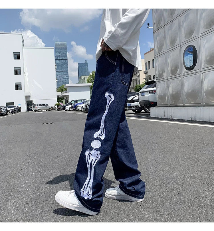 skeleton embroidery straight jean pants couples mopping trousers mens streetwear denim pants mens clothing jeans for men baggy unique jeans style 2624