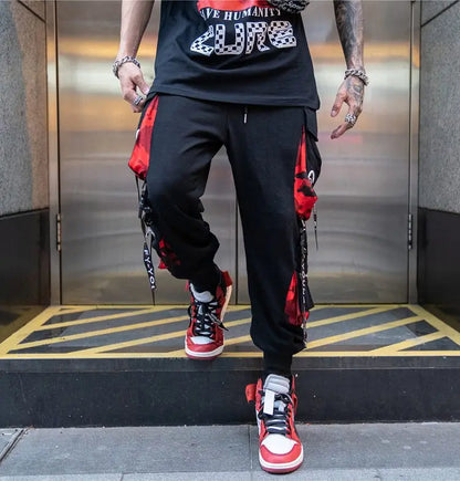 men hip hop black cargo pants joggers sweatpants overalls men ribbons streetwear harem pants women fashions trousers unique joggers style 2507
