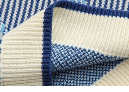 Men Hip Hop Knitted Sweater Streetwear Embroidery Heart Plaid Pullover 2023 Autumn Harajuku Cotton Casual Pullover Sweater Blue Street King Limited