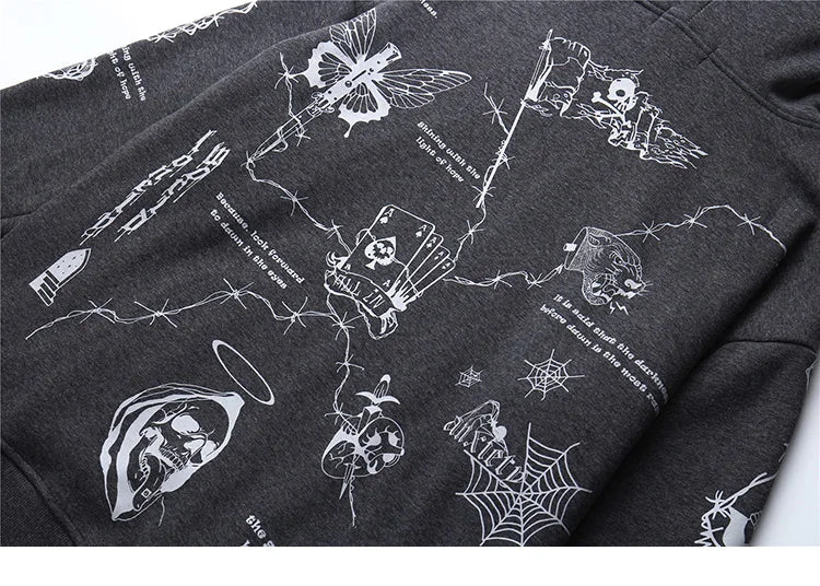 2023 Hip Hop Hoodie Sweatshirt Men Streetwear Skull Graffiti Print Hoodie Pullover Cotton Autumn Grey Harajuku Punk Clothes New Street King Limited