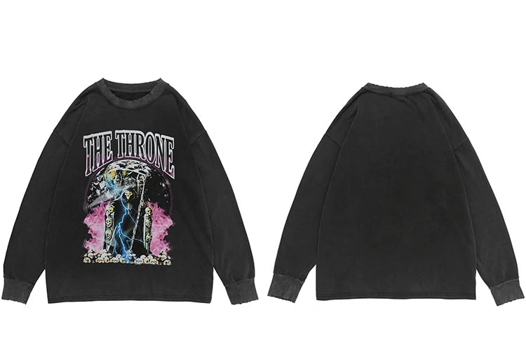 Hip Hop 2023 Men Streetwear Sweatshirt Skull Lightning Print Pullover Ripped Hole Sweatshirt Harajuku Cotton Loose Sweat Shirt Street King Limited