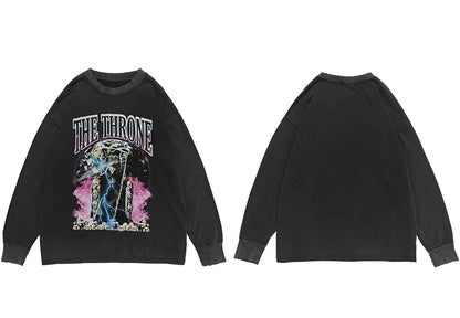 Hip Hop 2023 Men Streetwear Sweatshirt Skull Lightning Print Pullover Ripped Hole Sweatshirt Harajuku Cotton Loose Sweat Shirt Street King Limited