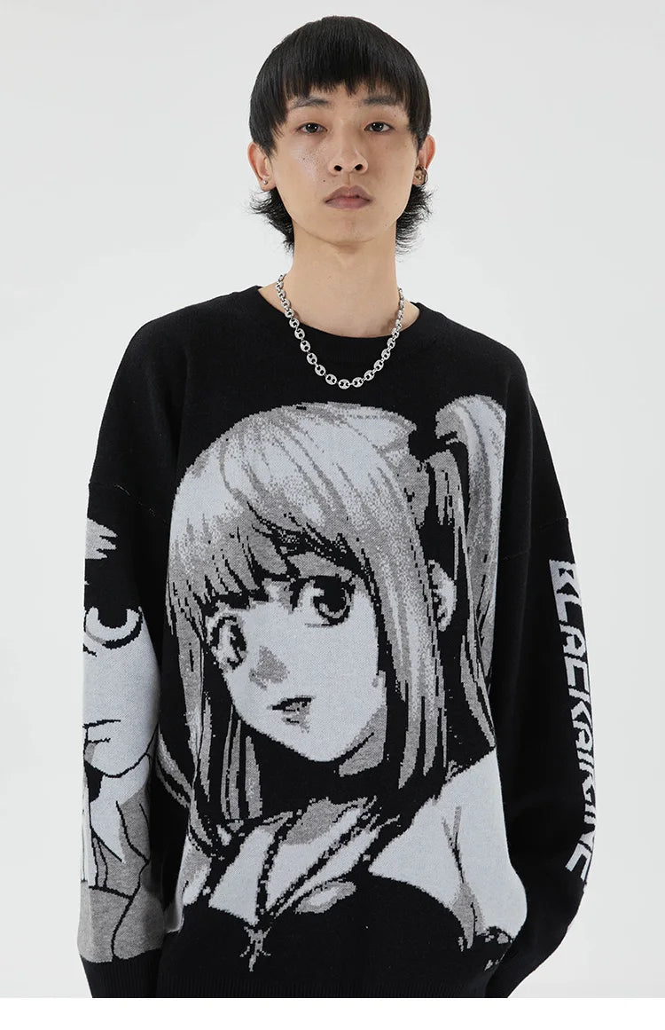 Mens Hip Hop Streetwear Harajuku Sweater Vintage Retro Japanese Style Anime Girl Knitted Sweater 2023 Autumn Cotton Pullover Street King Limited
