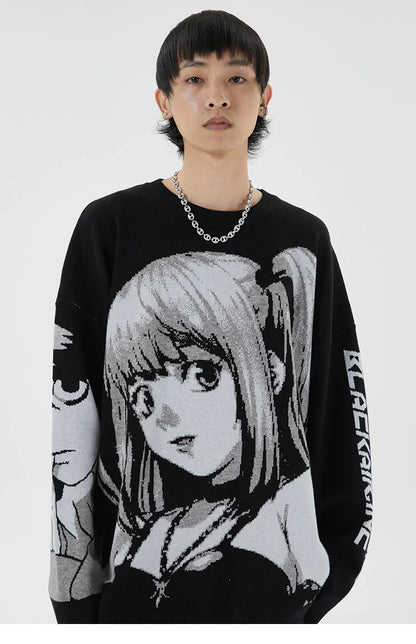 Mens Hip Hop Streetwear Harajuku Sweater Vintage Retro Japanese Style Anime Girl Knitted Sweater 2023 Autumn Cotton Pullover Street King Limited