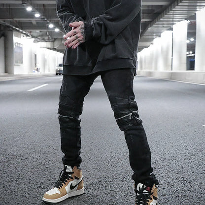 knee zipper hole patckwork skinny denim jeans men casual slim biker trousers jeans fashion streetwear hip hop jean pants joggers relaxed fit joggers