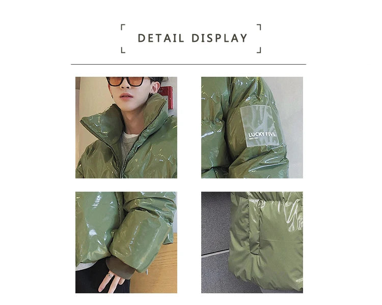 NEW Winter collar loose bright leather fabric jacket wind thick warm coat men women couple purple cotton clothing Street King Limited