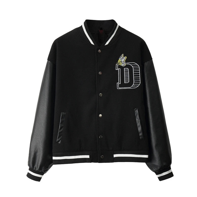 rainbowtouches men trendy hiphop embroidered baseball uniform single breasted side pocket high street stitched pu leather jacket unique default style 5121