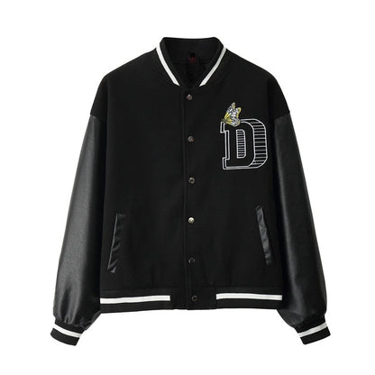 rainbowtouches men trendy hiphop embroidered baseball uniform single breasted side pocket high street stitched pu leather jacket unique default style 5121