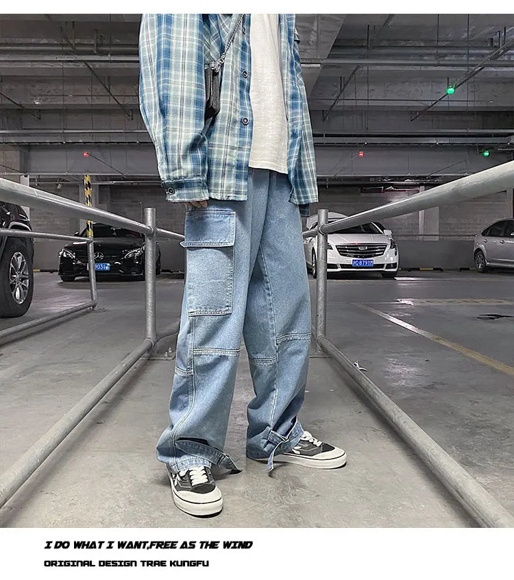 men jeans wide leg denim pants loose straight baggy mens jeans hip hop streetwear skateboard neutral denim trousers cargo jeans unique cargo style 2467