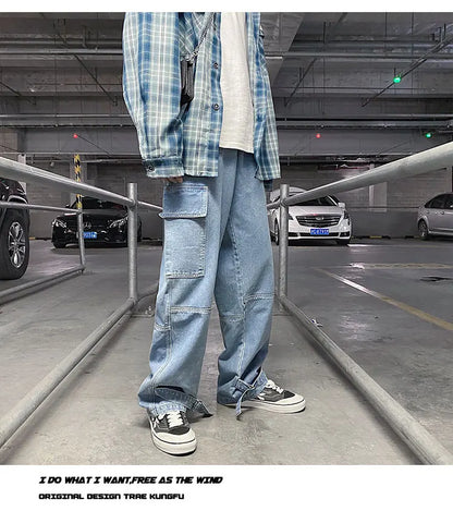 men jeans wide leg denim pants loose straight baggy mens jeans hip hop streetwear skateboard neutral denim trousers cargo jeans unique cargo style 2467