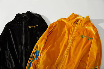 2 pieces set men embroidery velvet zipper jacket and elastic waist loose straight pants sweatsuit hip hop tracksuits sweatsuit unique default style 3306