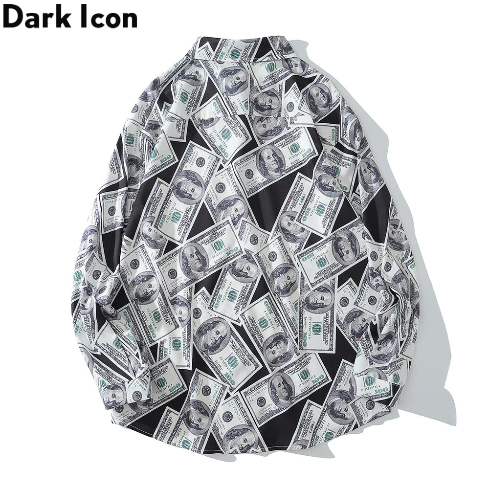 Dark Icon US Dollar Full Printed Shirts Men Turn-down Collar Casual Men's Shirt Logn Sleeve Man Clothing Street King Limited