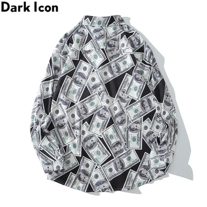 Dark Icon US Dollar Full Printed Shirts Men Turn-down Collar Casual Men's Shirt Logn Sleeve Man Clothing Street King Limited