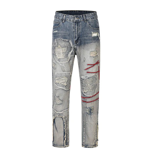 destroyed ripped straight jeans pants mens distressed biker jeans fashion irregular embroidery streetwear hip hop pants joggers unique joggers style 2935