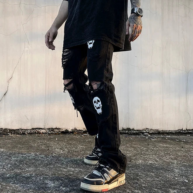 fashion skull printed denim jeans mens destoryed holes zipper flare jeans hip hop streetwear summer casual joggers jeans pants sporty tapered joggers