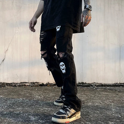 fashion skull printed denim jeans mens destoryed holes zipper flare jeans hip hop streetwear summer casual joggers jeans pants sporty tapered joggers