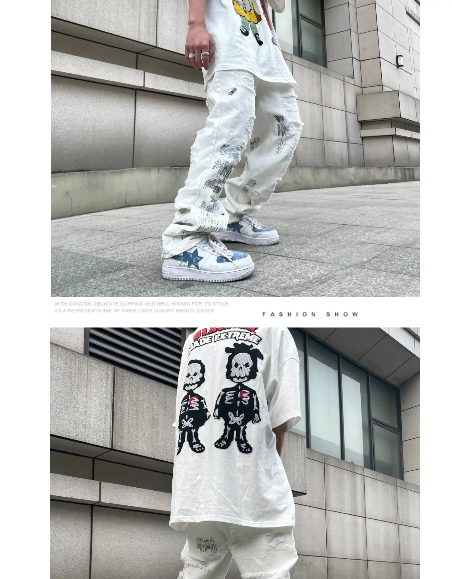 mens high street denim jean pants new casual loose ripped holes straight zipper white jeans trousers hip hop streetwear joggers unique joggers style 1597