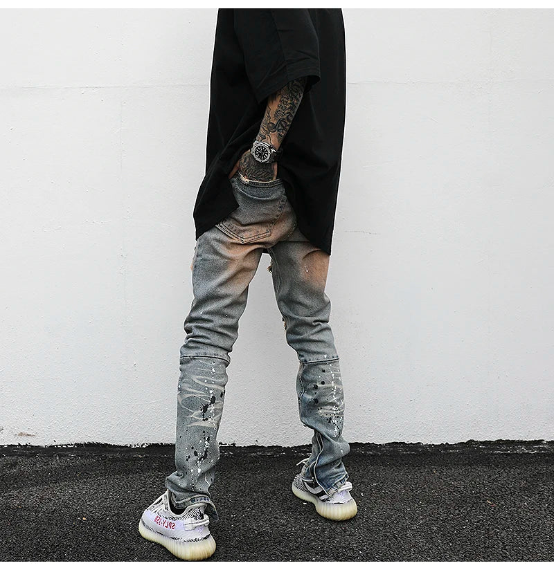 bottom zipper destroyed jeans skinny jeans ripped slim men biker jeans fashion graffiti printed streetwear hip hop pants joggers unique joggers style 5131