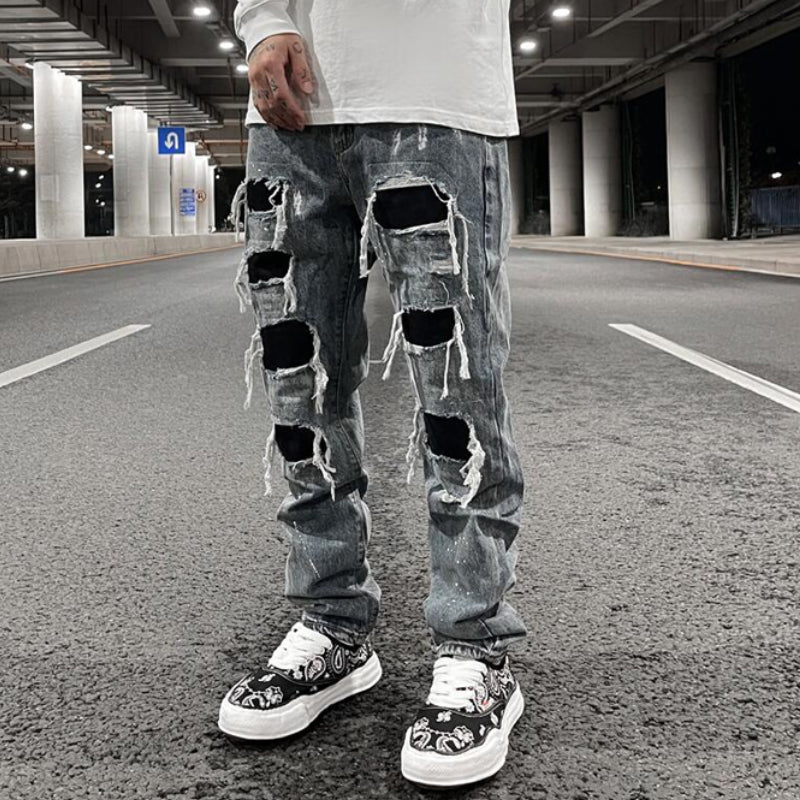 men ripped holes denim jean pants hip hip new fashion straight patchwork pants new casual jeans streetwear mens trousers joggers unique joggers style 391
