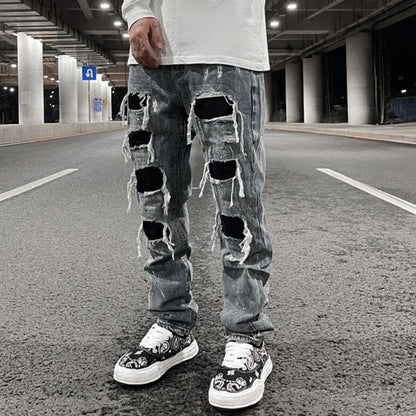 men ripped holes denim jean pants hip hip new fashion straight patchwork pants new casual jeans streetwear mens trousers joggers unique joggers style 391