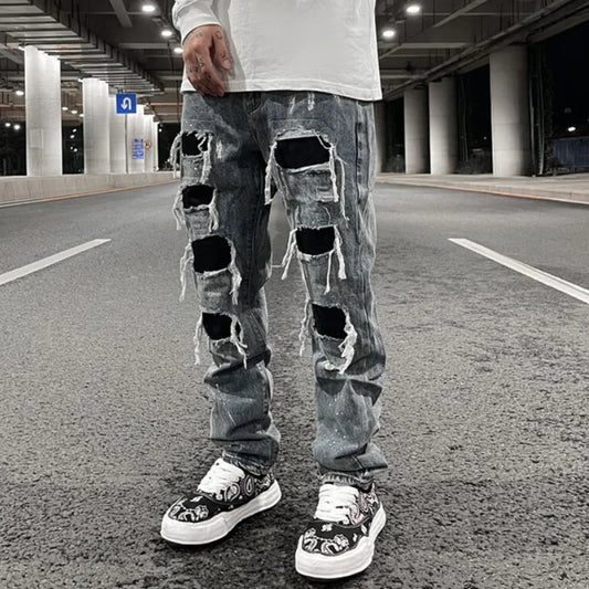 men ripped holes denim jean pants hip hip new fashion straight patchwork pants new casual jeans streetwear mens trousers joggers sporty tapered joggers