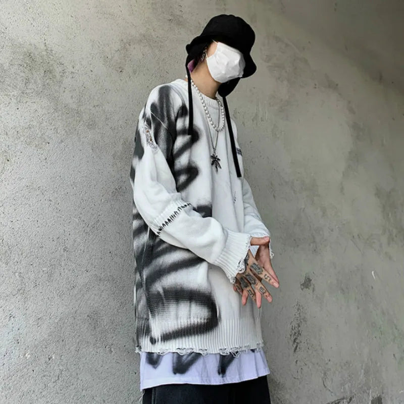 Mens Hip Hop Destroy Ripped Holes Streetwear Graffiti Harajuku Sweater Vintage Retro Knitted Sweater New Casual Cotton Pullover Street King Limited