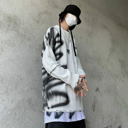Mens Hip Hop Destroy Ripped Holes Streetwear Graffiti Harajuku Sweater Vintage Retro Knitted Sweater New Casual Cotton Pullover Street King Limited