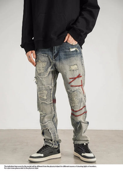destroyed ripped straight jeans pants mens distressed biker jeans fashion irregular embroidery streetwear hip hop pants joggers urban active pants