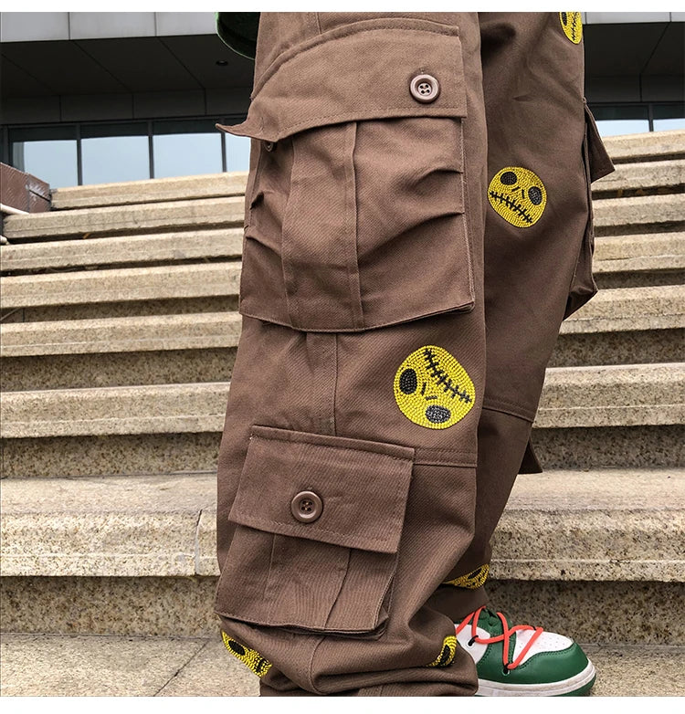 mens high street smilely loose cargo pants casual zipper straight jeans hip hop side pockets loose fit streetwear casual joggers unique joggers style 2474