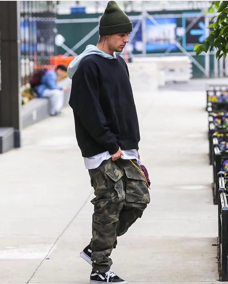 Camouflage Cargo Pants Bieber Hip Hop Vintage Multi-pocket Bottom Button Men's Cargo Trousers Streetwear Mens Military Pants Street King Limited