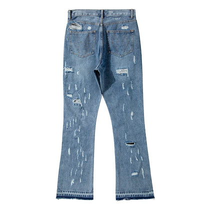 swag washed destroyed flare jeans streetwear hip hop slim fit ripped men black blue colorblocked flared denim pant for men unique jeans style 1500