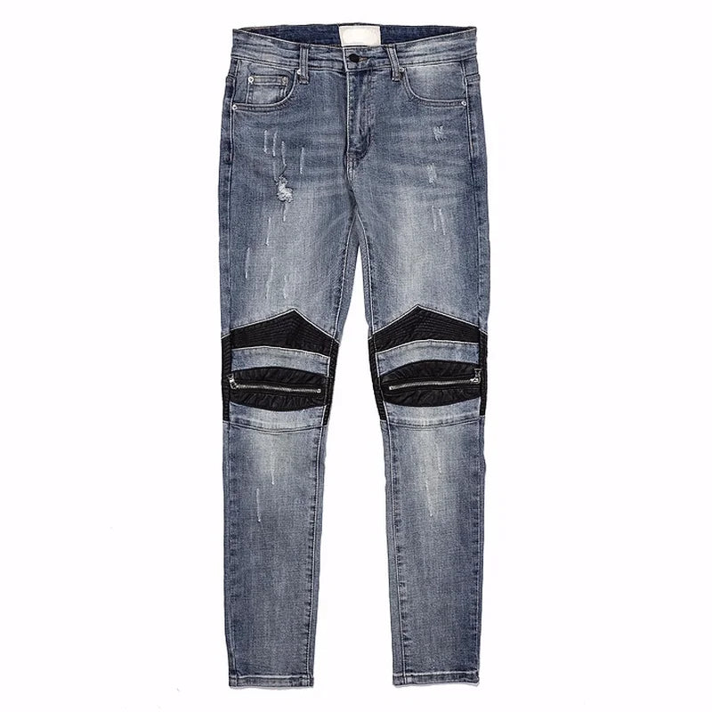 knee zipper hole patckwork skinny denim jeans men casual slim biker trousers jeans fashion streetwear hip hop jean pants joggers urban active pants