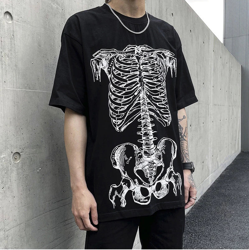 Summer Hip-hop Skull Printed Men Short-sleeved T-shirt Cotton Casual Unisex O-neck Loose Harajuku Short-sleeved Tops Tee T-shirt Street King Limited