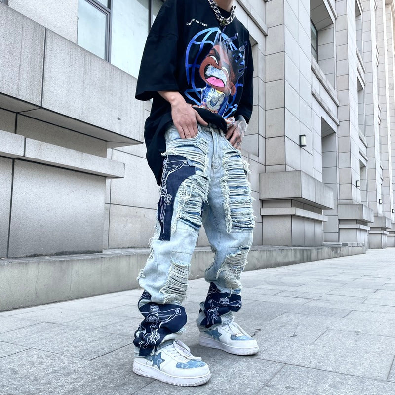 men high street denim jean pants casual loose destroyed ripped holes straight jeans fashion patchwork hip hop streetwear joggers unique joggers style 3500
