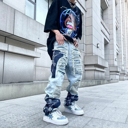 men high street denim jean pants casual loose destroyed ripped holes straight jeans fashion patchwork hip hop streetwear joggers casual joggers