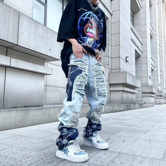 men high street denim jean pants casual loose destroyed ripped holes straight jeans fashion patchwork hip hop streetwear joggers casual joggers